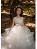 Beaded Ivory Lace Tulle Ruffle Horsehair Hem Flower Girl Dress